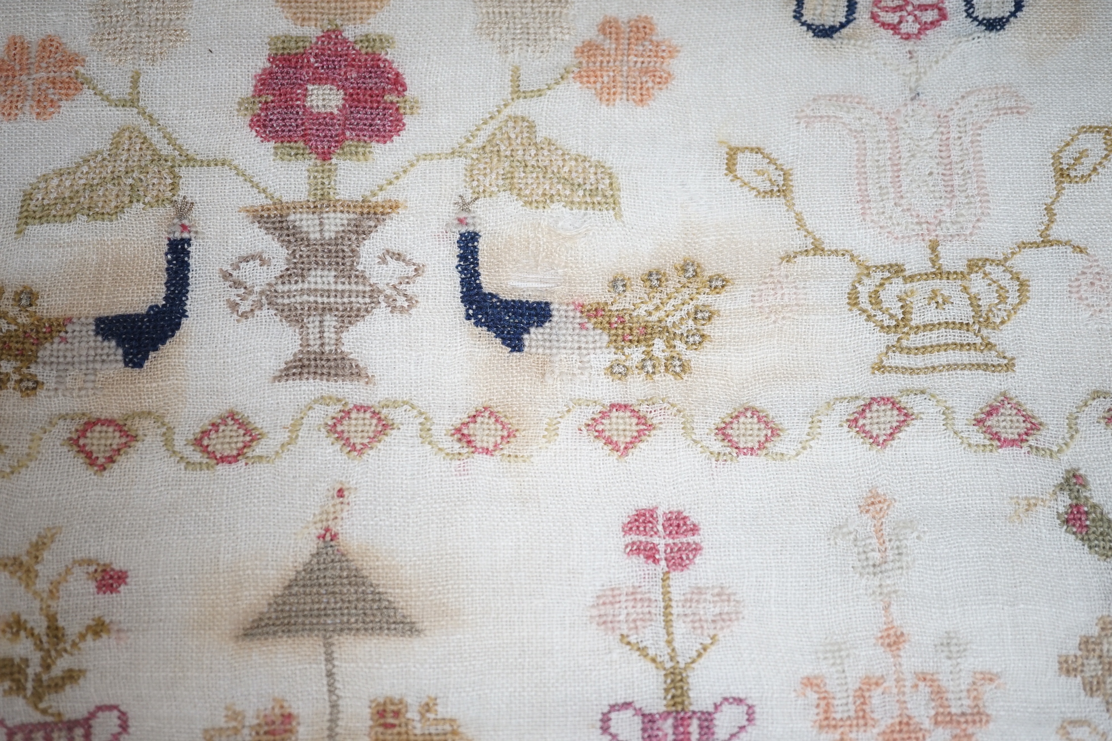 A framed late 19th century sampler, 40x41cm